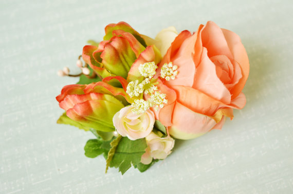 Wedding - Coral hair flower, Coral hair piece, Bridal hair flower, Coral wedding headpiece, Spring floral hair clip, Rustic hair flower, Tulips