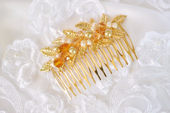 زفاف - Gold bridal comb, Gold leaf hair comb, Fall wedding hairpiece, Crystal hair comb, wedding headpiece, Pearl gold hair accessories, Autumn
