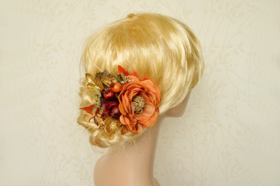 زفاف - Fall hair piece, Bridal headpiece, Rustic wedding flower, Autumn hair flower, Gold orange hair flower, Pinecone hair clip, Autumn hair clip