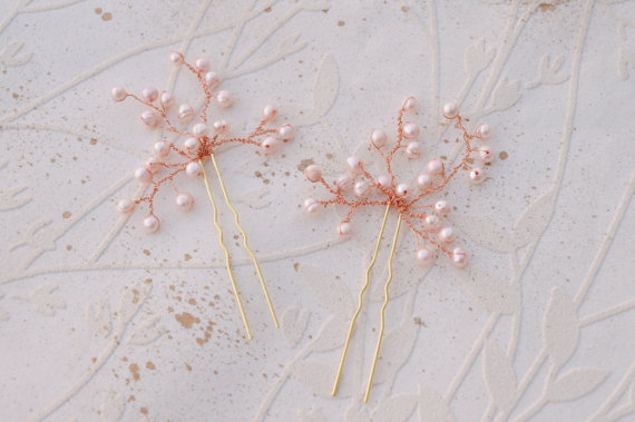 Hochzeit - Rose gold hair pins, Bridal hairpiece, Rose gold wedding accessory, Set of two pins, Bridal hair clip, Soft pink hair pins, Pink pearl clip