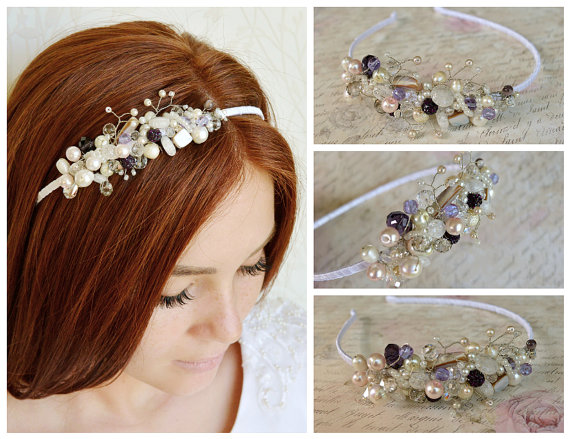 زفاف - Crystal bridal tiara, Wedding tiara, White purple headpiece, Pearl hairpiece, Pearl bridal crown, Beaded hwadband, Couture headpiece, Lilac