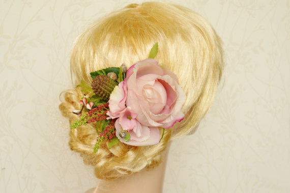 Hochzeit - Pale pink bridal hairpiece, Pink wedding headpiece, Pink rose hair flower, Floral bridal headpiece, Woodland hairpiece, Floral hair clip