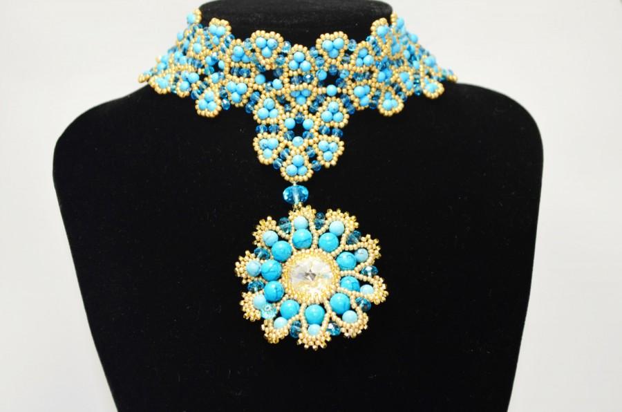 Wedding - Jewelry Statement Turquoise Choker with Pendant; Holiday Seed Bead Necklace; Beaded, Beading, Beadwoven, Beadwork Necklace; Christmas Gift