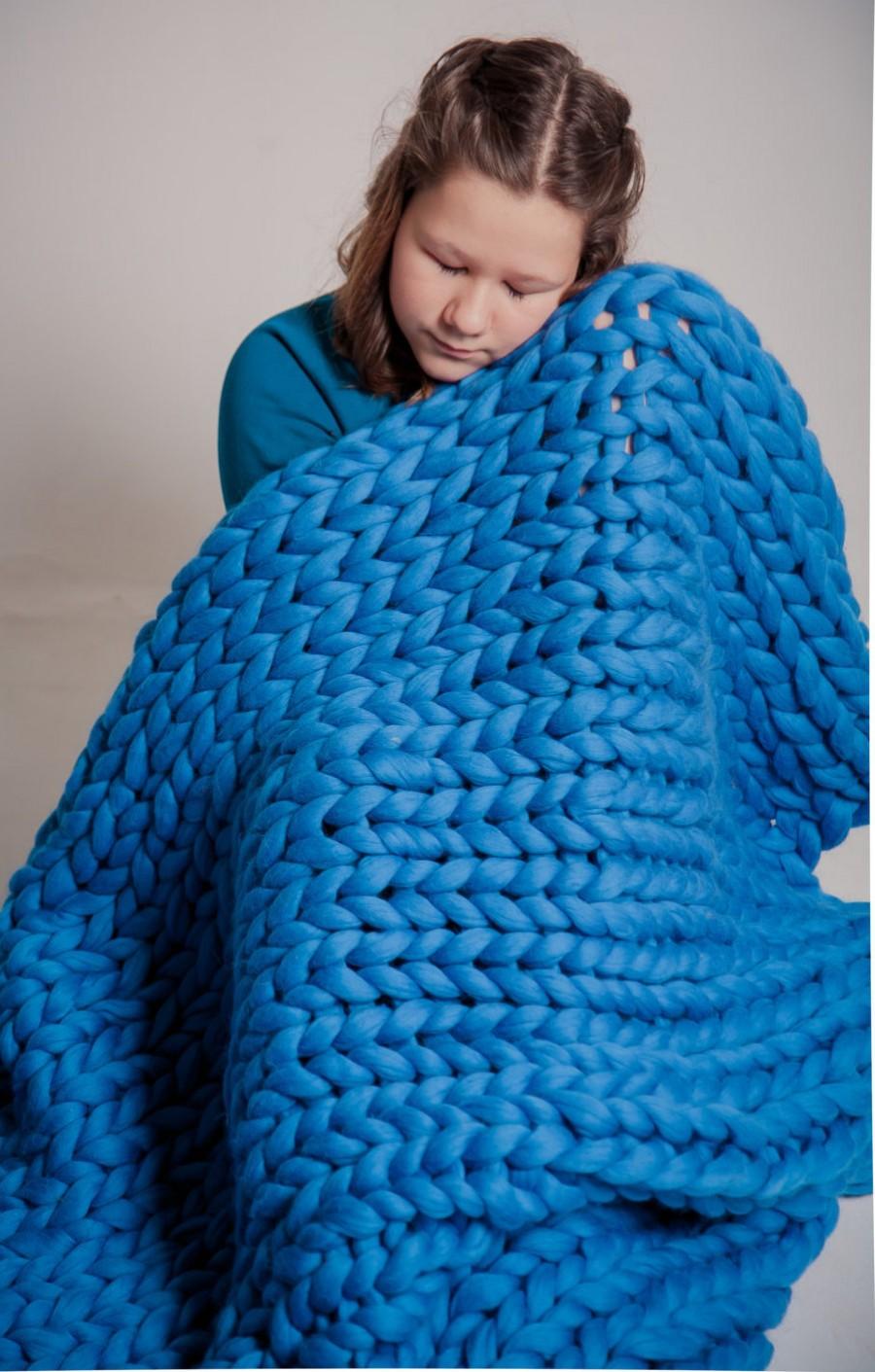 Wedding - Chunky blanket throw, Giant knitted afghan blanket, Pure Wool Giant Blanket, Bulky Knit Throw, Chunky Knitting, Lap blanket. Gift, Blue
