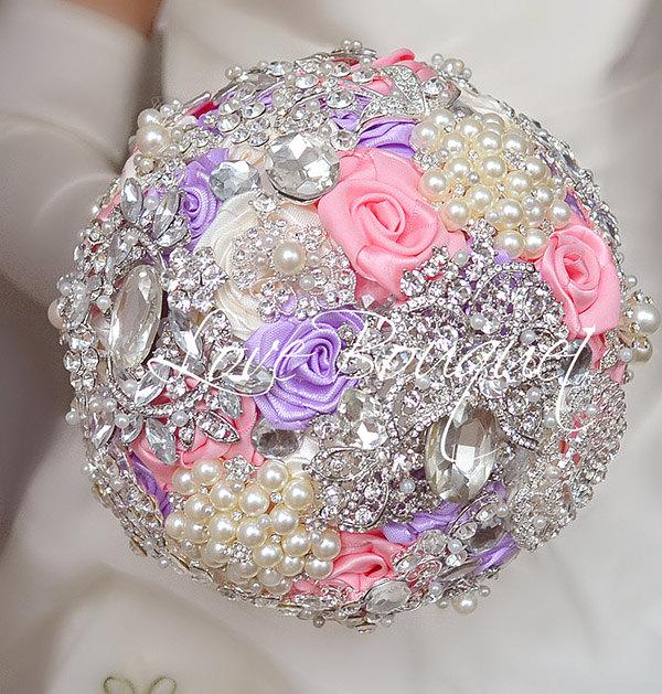 Mariage - Crystal Wedding Brooch Bouquet, Pink and lavender Wedding Bouquet, Bridal Bouquet, Jewelry Bouquet, Rhinestone Bouquet, Ivory&Silver Bouquet