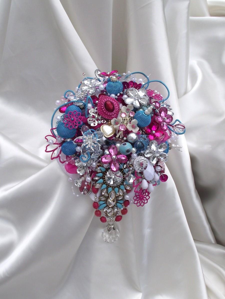 زفاف - Deposit for a custom order brooch bouquet for a hot pink and aqua blue brooch bouquet, fuchsia and turquoise bouquet, alternative bouquet