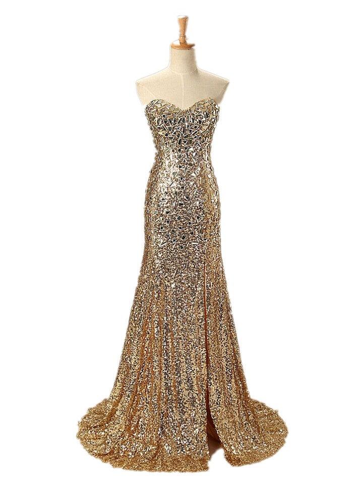 Handmade Sweetheart Crystal Long Mermaid Evening Dress Gold Sequin Prom Dresses 2016 2618509