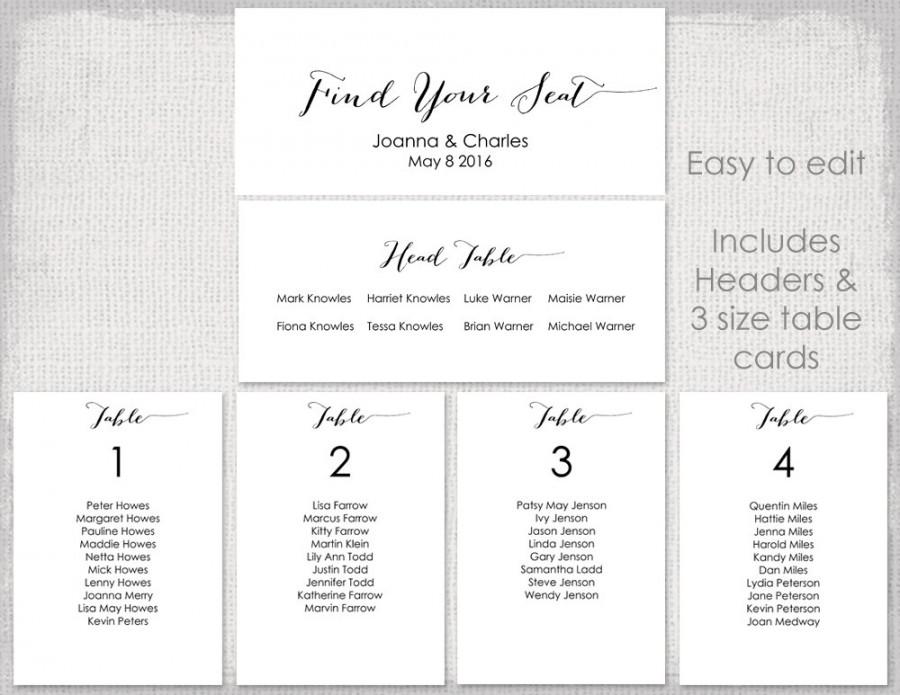 زفاف - Wedding seating chart template Black "Bombshell" DIY printable table plan cards Calligraphy YOU EDIT Word digital download print at home