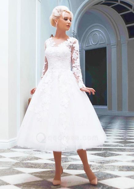Hochzeit - Full Sleeves V-Neck Appliqued Button Back Tea-Length Bridal Dress On Sale