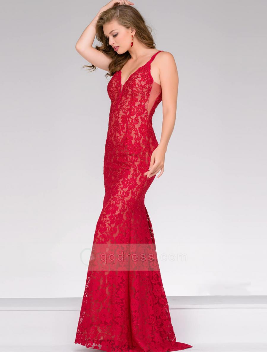 Wedding - Cheap Sheath Floor-length V-neck and Open V Back Red Fitted Lace Prom Dress