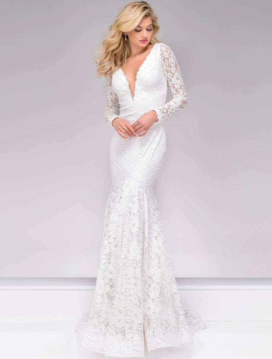 زفاف - Mermaid Full Sleeve Deep V-neck and V-back Cut White Lace Prom Dress Cheap Sale