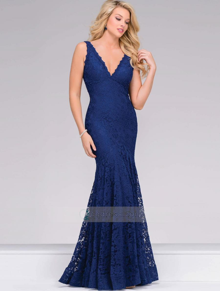 Mariage - Mermaid V-neck and V-back Cut Navy Sleeveless Fitted Lace Prom Dress Sale UK