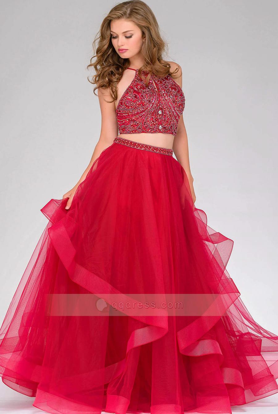 Свадьба - A-line Halter Neck Two Piece Rhinestone Bodice Ruffled Tulle Prom Gown Sale Cheap