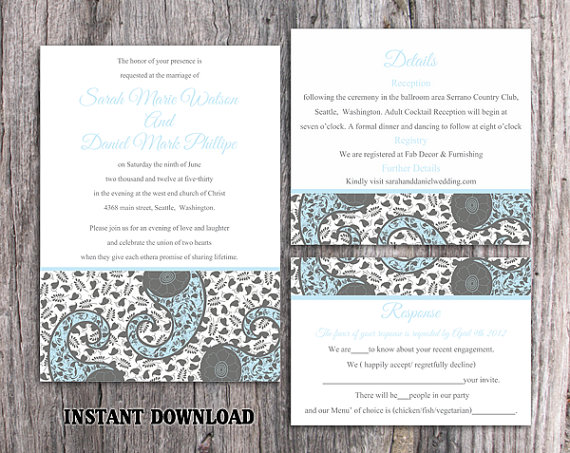 Hochzeit - DIY Bollywood Wedding Invitation Template Set Editable Word File Instant Download Blue Wedding Invitation Indian invitation Bollywood party
