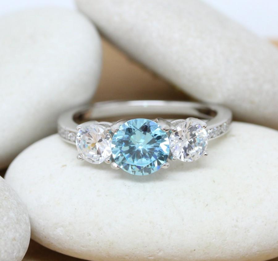 زفاف - Natural Aquamarine and White sapphire Solid Sterling silver Trilogy ring - engagement ring - wedding ring