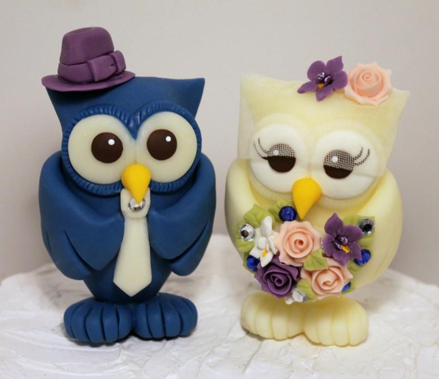Mariage - Owl wedding cake topper, BIGGER love birds more than 4" tall, with banner