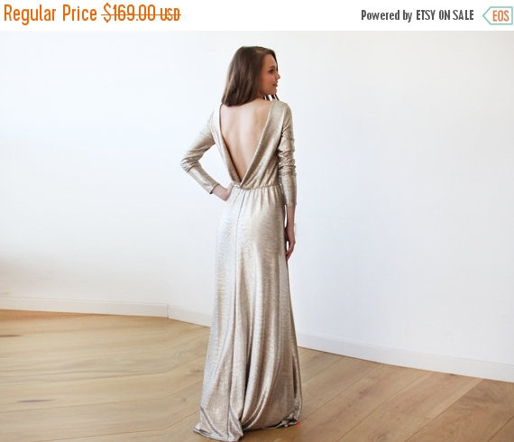 Wedding - CYBER MONDAY Light Gold backless maxi dress with long sleeves, Open back maxi bright gold gown with long sleeves 1097