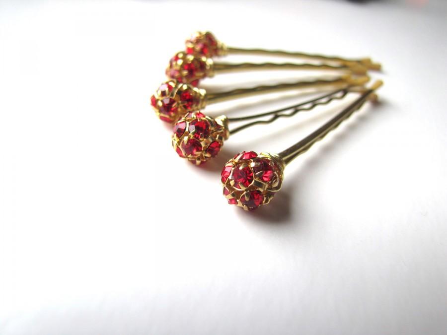 Wedding - Red and Gold Hair Pins, Rhinestone Crystal Christmas Bobby Pins