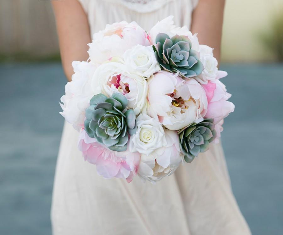 Wedding - Silk Wedding Succulent Bouquet - Green Gray Pink and Blush Peonies Silk Flower Bride Bouquet