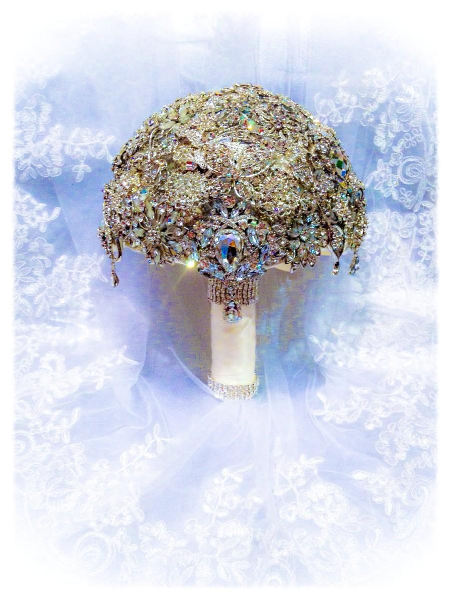 Wedding - Crystal Brooch Bouquet. Deposit on Crystal Bling Silver Ivory Swarovski Brooch Bouquet. Diamond Jeweled Bridal Broach Bouquet