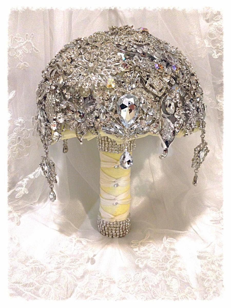 Wedding - Brooch Bouquet Deposit. Crystal Bling Jeweled Swarovski Silver Yellow Champagne Broach Bouquet with hanging teardrop dangling jewels