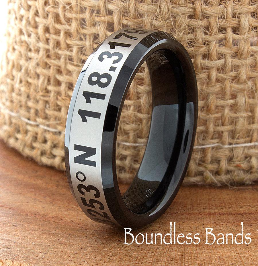 Hochzeit - Tungsten Coordinates Ring Any Coordinates Location Latitude Longitude Band Customized Two Tone Black White Laser Engraved Ring Mens Womens