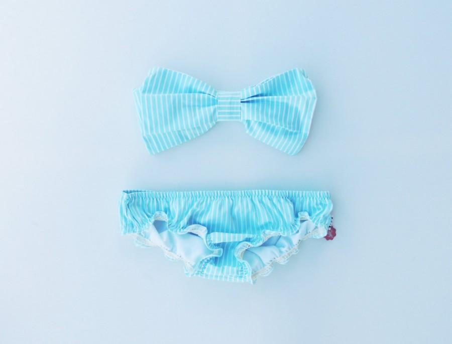 Wedding - Blue and White Stripe Pita Pata DIVA Halter Neck Bandeau Pin up Top. Ruffle cotton panties in lingerie style Bow swimwear Sexy and cute .
