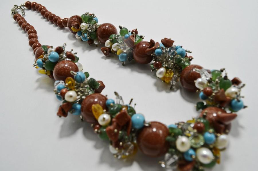 زفاف - Multicolour Wirework Jewelry Statement Big Bead Necklace; Fashion Gemstone Holiday Beaded Necklace; Christmas Gift for Her; Womens Gift 