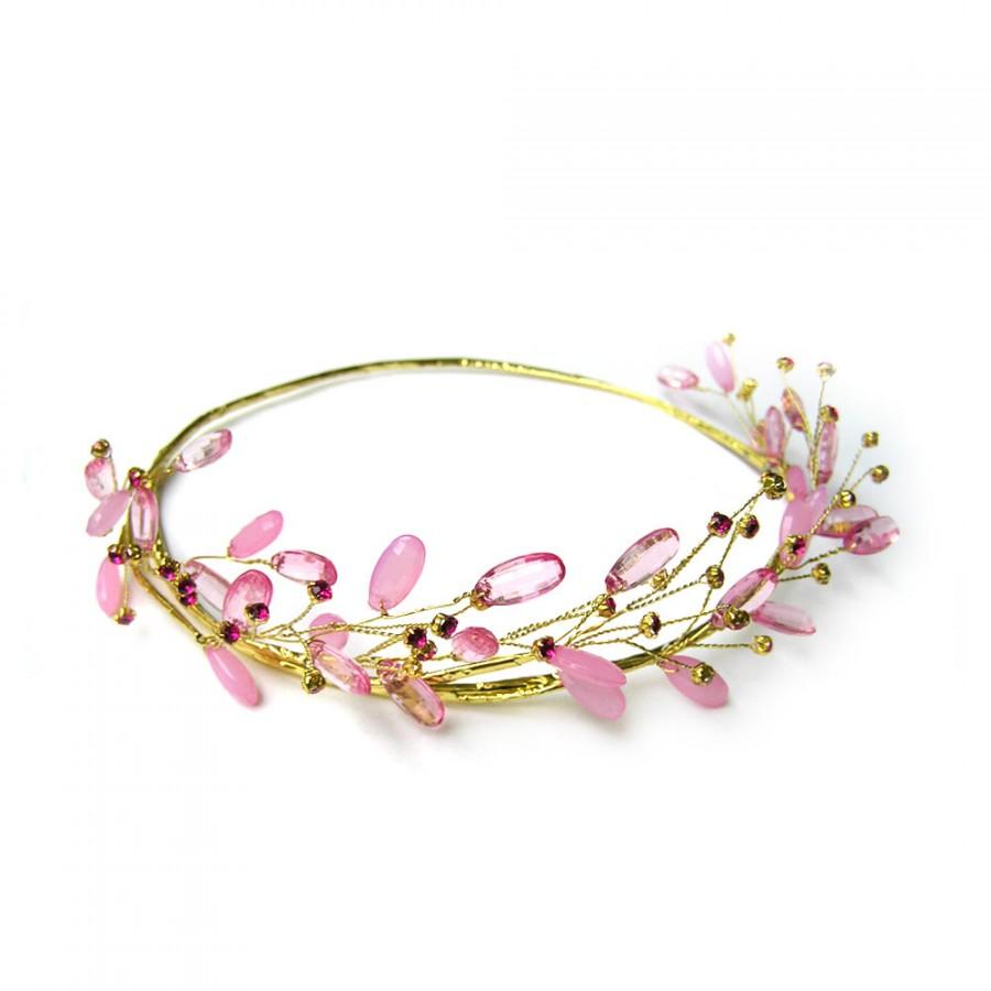 Hochzeit - Pink Flower Crown Bridal Hair Vine Wire Crown Wedding Hair Jewelry Pink Head Wreath Circlet Pink Headband Costume Headdress
