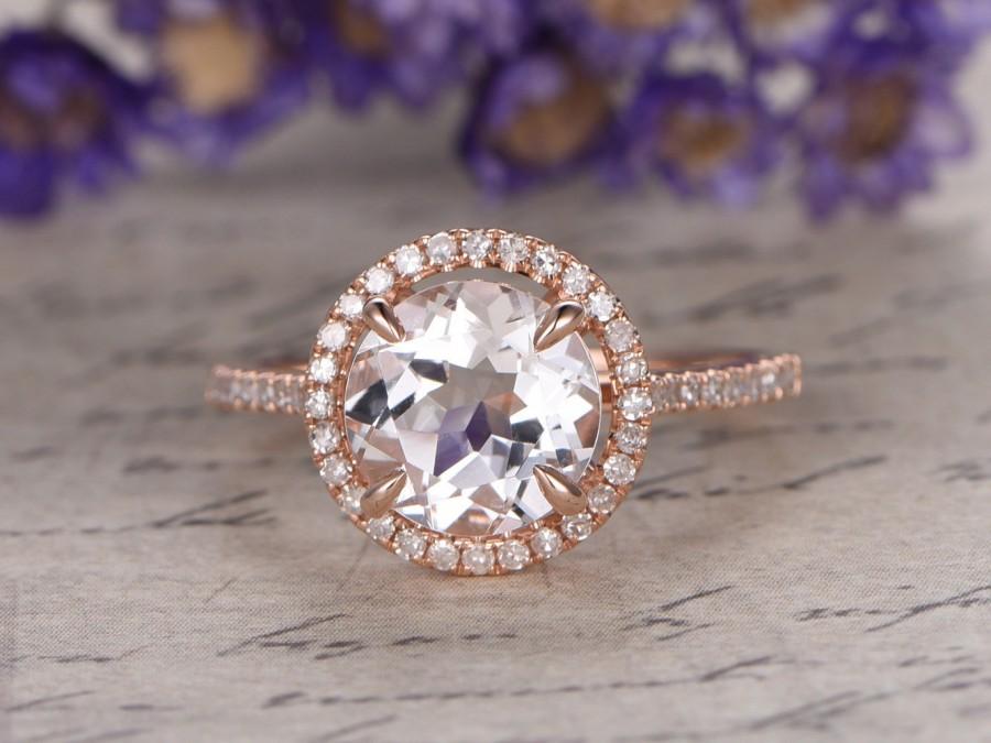 Wedding - white Topaz engagement ring with diamond ,Solid 14k rose gold,promise ring,bridal,8mm round cut custom made fine jewelry,prong set