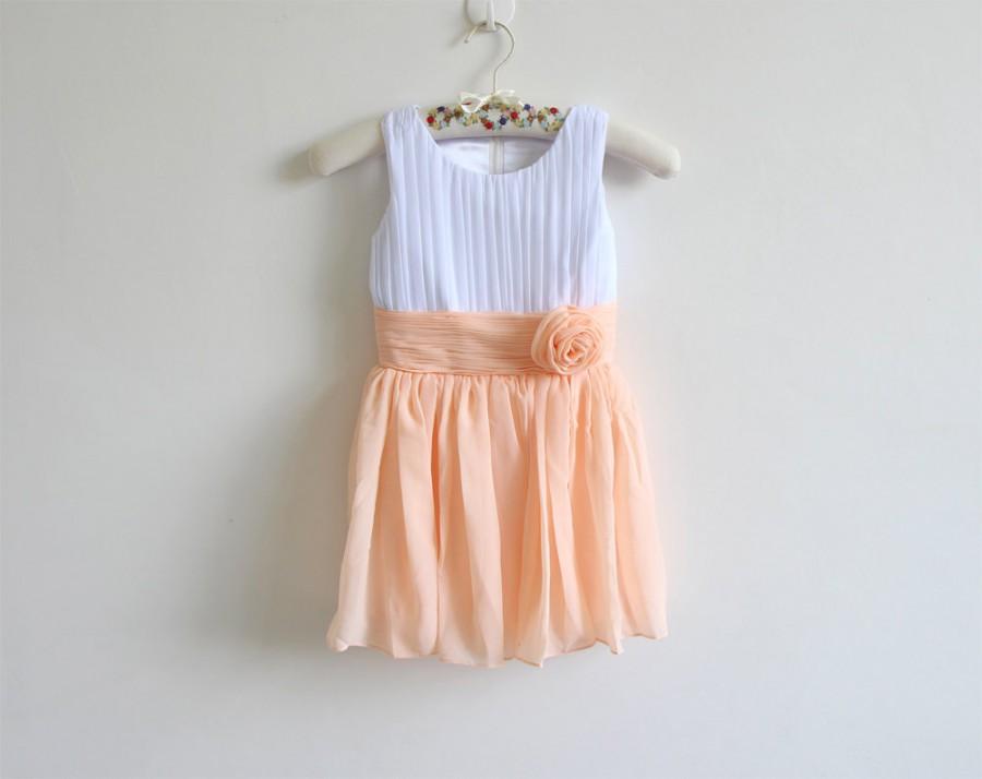 زفاف - White Peach Flower Girl Dress White Peach Knee-length Chiffon Baby Girl Dress With Flower