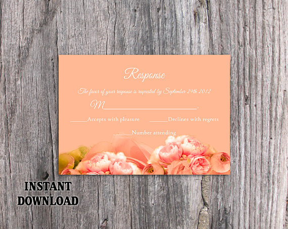 Hochzeit - DIY Wedding RSVP Template Editable Word File Instant Download Rsvp Template Printable RSVP Cards Boho Rsvp Peonies Rsvp Peach Floral Rsvp