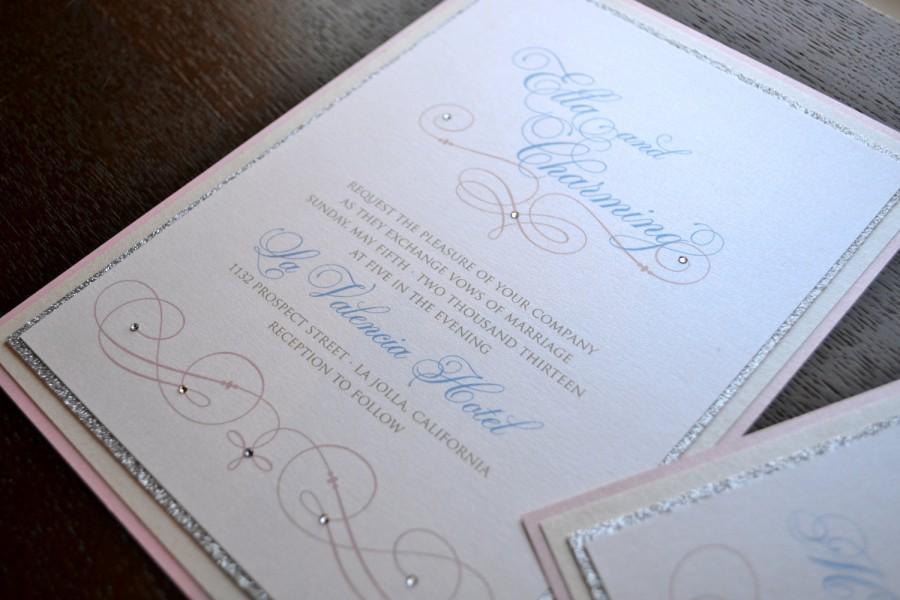 Hochzeit - Cinderella inspired pink elegant wedding invitation with rhinestones