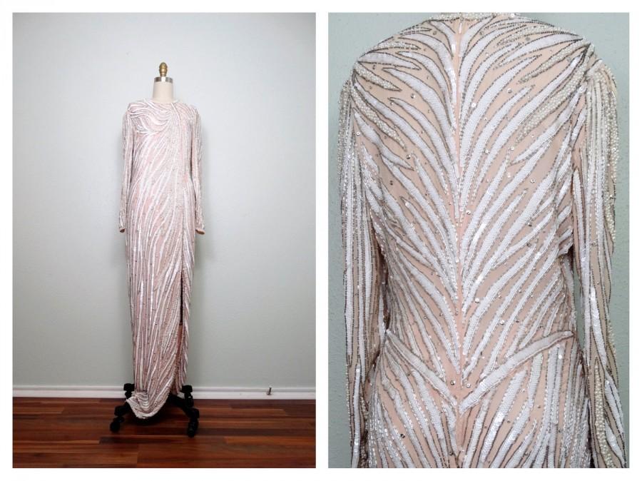 Hochzeit - Vintage Pearl Beaded Sequin Gown // Blush Pink White Sequined Beaded Art Deco Couture Gown