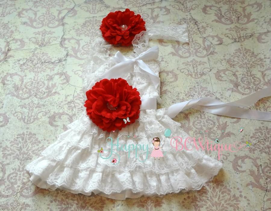 Свадьба - Girls Christmas Dress, Christmas Red Flower Lace Dress set, White Dress, Flower girls dress, Birthdaydress ,Baby Girls Dress, Holiday Dress