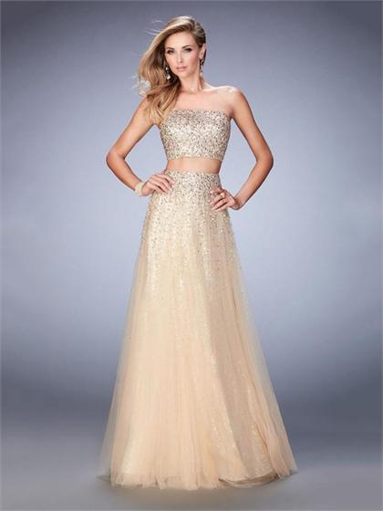 Свадьба - A-line Strapless Beaded Two Piece Tulle Prom Dress PD3284