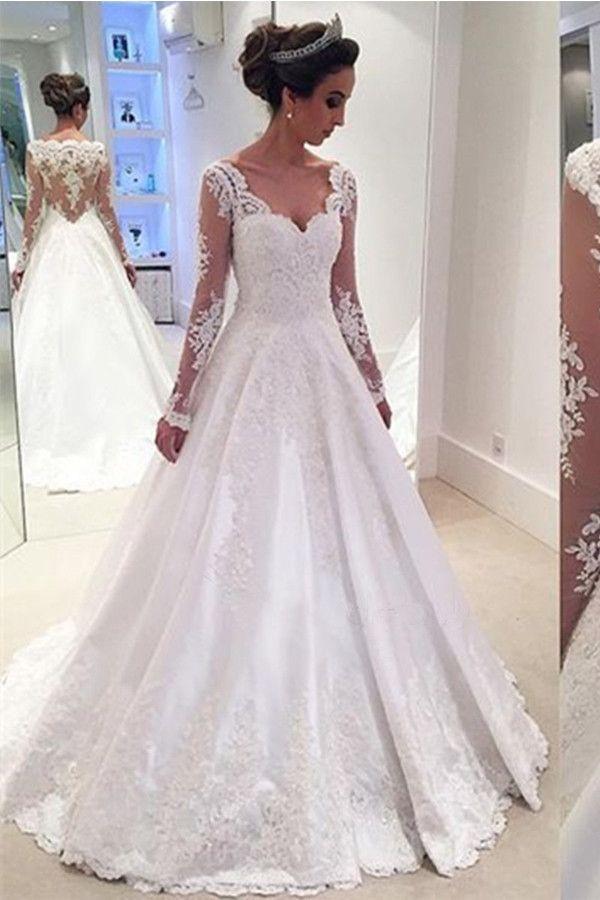 Wedding - Charming V Neck Appliques A Line Wedding Dress With Long Sleeves WD023
