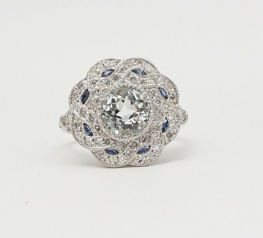 زفاف - SALE! Spectacular Aquamarine, Diamond & Sapphire Ring in Luxurious Platinum