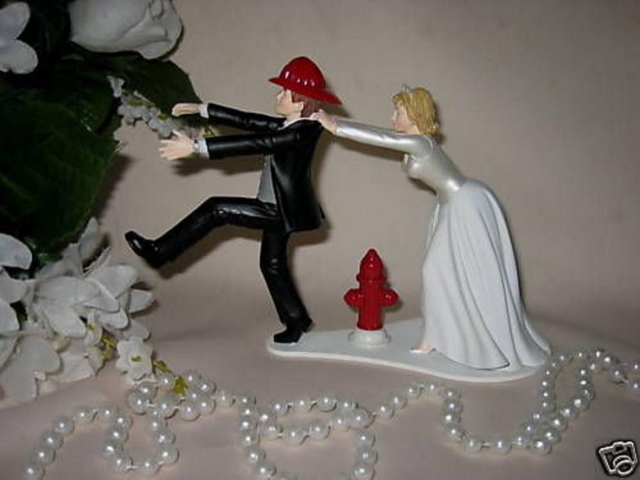 Свадьба - Wedding Reception Party Running Groom Fireman Firefighter Fire Hat Hydrant Cake Topper