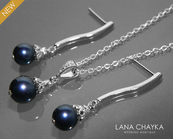 Hochzeit - Navy Blue Pearl Jewelry Set Swarovski Pearl Earrings&Necklace Set Wedding Dark Blue Pearl Sterling Silver Set Blue Small Pearl Jewelry Set