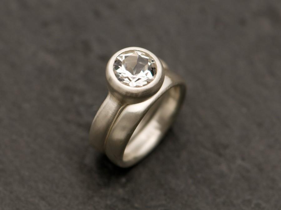 زفاف - White Topaz Wedding Set - Silver White Topaz Engagement Ring and Matching Wedding Band - Made to Order in Your Ring Size - Free Shipping