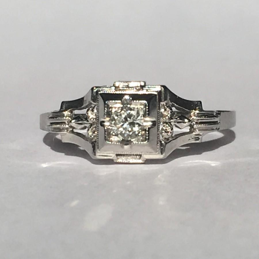 Wedding - Vintage Diamond Engagement Ring. Art Deco Ring by Jabel. 18K White Gold. Unique Engagement Ring. April Birthstone. 10 Year Anniversary Gift