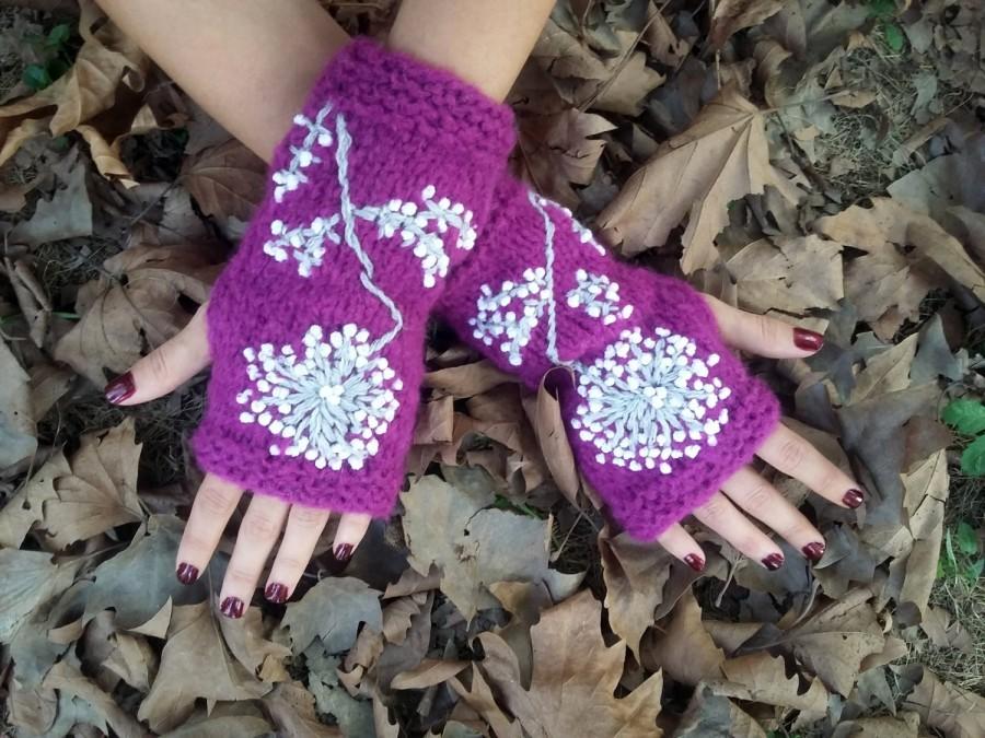 Wedding - Mittens Women Gloves, Knit Arm Warmer, Women Knit Gloves, Women Handmade Glove, Purple Knit Glove, Crochet Women Glove, Women Angora Gloves