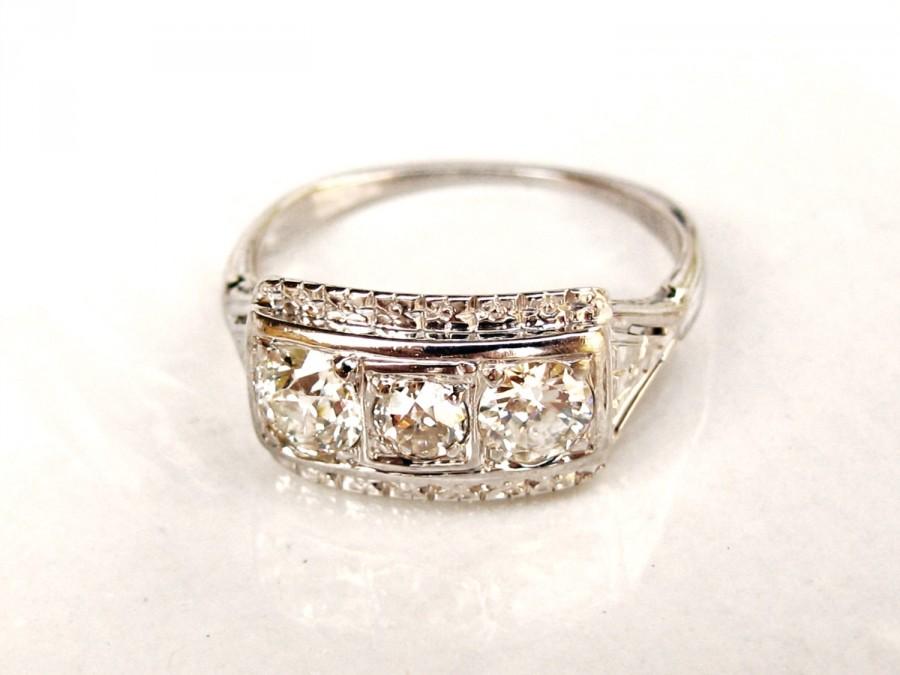 Wedding - Antique Art Deco Engagement Ring 0.60ctw Old Cut Diamond Wedding Ring 18K White Gold Orange Blossom Motif Three Stone Anniversary Ring
