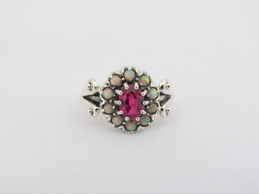 زفاف - Vintage Sterling Silver Ruby & Opal Cluster Ring Size 6