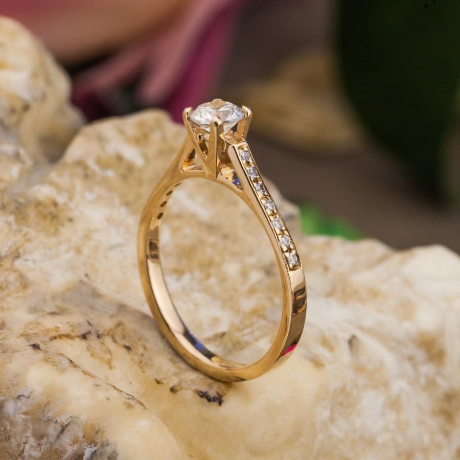 Hochzeit - Cathedral Engagement Diamonds Ring, 18K Yellow Gold Engagement Ring with Natural Diamonds, Brilliant Cut Diamonds, Handmade Jewelry