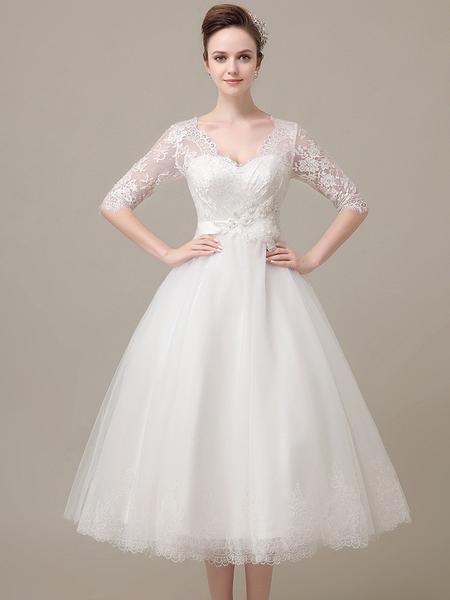 Hochzeit - Tea Length Lace Wedding Dress With Sleeves DV2078