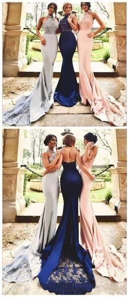 Mariage - Sexy Long Halter Lace Mermaid Bridesmaid Dresses, Cheap Custom Bridesmaid Dresses, Long Prom Dresses, PD0012