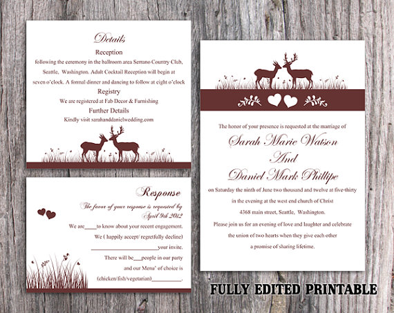 Wedding - Printable Wedding Invitation Suite Printable Invitation Elegant Wine Red Wedding Invite Reindeer Invitation Download Invitation Edited PDF