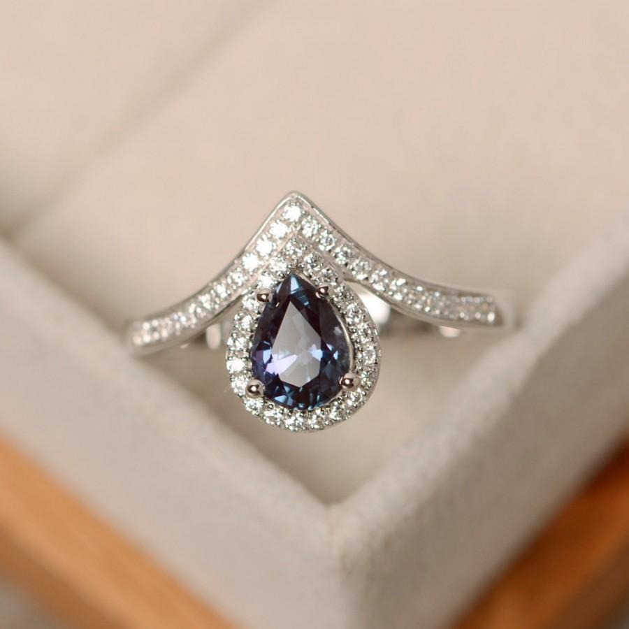 زفاف - Alexandrite ring, pear cut, silver, engagement ring